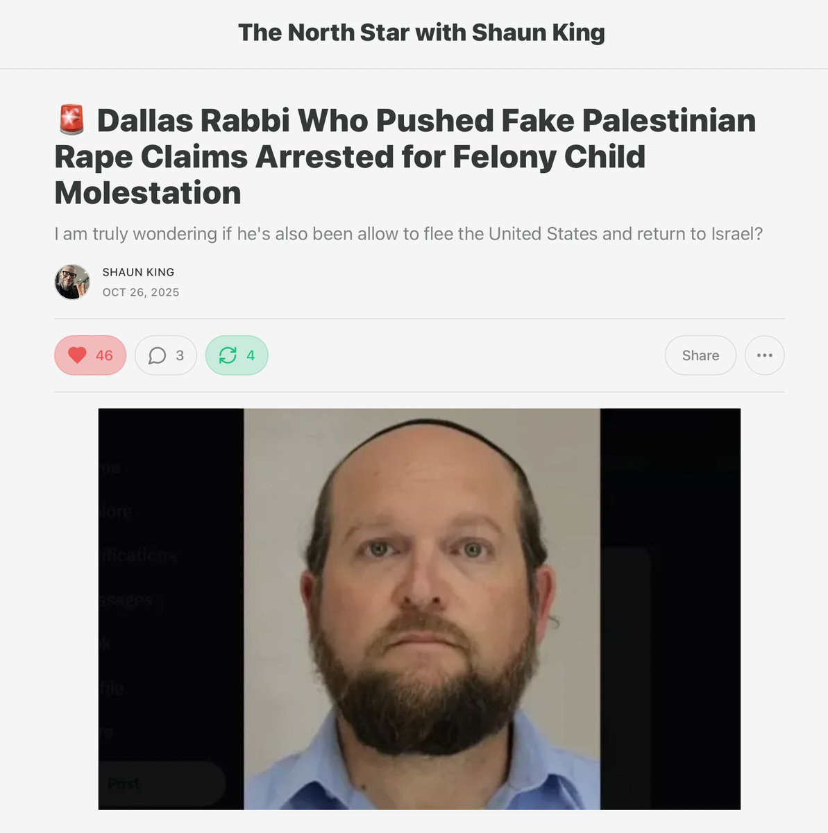 shaunking's tweet image. I am truly wondering if he's also been allow to flee the United States and return to Israel?
LINK: thenorthstar.com/p/dallas-rabbi…
His name is Rabbi Yitzhak Meir Sabo and he is a former IDF soldier and spread so many lies about Gaza.
Now he's literally been caught molesting boys.…