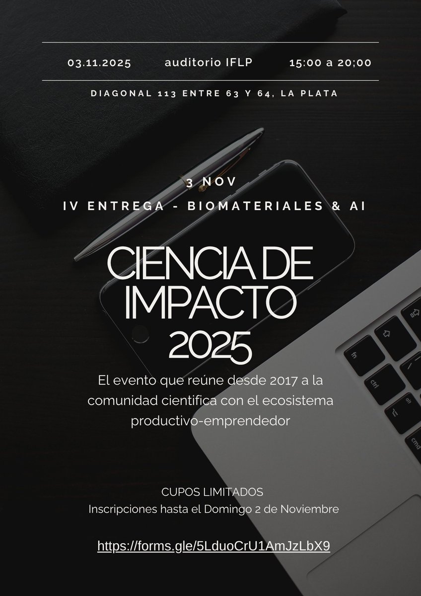 ValeriaBosioArg's tweet photo. Llega la 4ta edición de CIENCIA DE IMPACTO!! Profesores de Harvard, CEOs de unicornios, laureados del mundo científico, grandes inversores y lo último en innovación nos han acompañado en estos encuentros desde 2017. Este 2025 no te pierdas:  BIOMATERIALES  &amp; AI. Te esperamos!! https://t.co/HAivZRaM5H