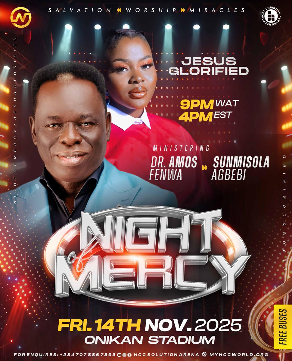 hcchq's tweet photo. 🔥 The countdown is on! Night of Mercy 2025 is almost here!

Join thousands at Onikan Stadium on Fri, Nov 14 for a night of worship, miracles &amp; salvation!

⏰ 9PM WAT / 4PM EST
🚍 Free buses available!

Come encounter Jesus like never before! 
#NightOfMercy #JesusGlorified https://t.co/TYt7vRcYJ6