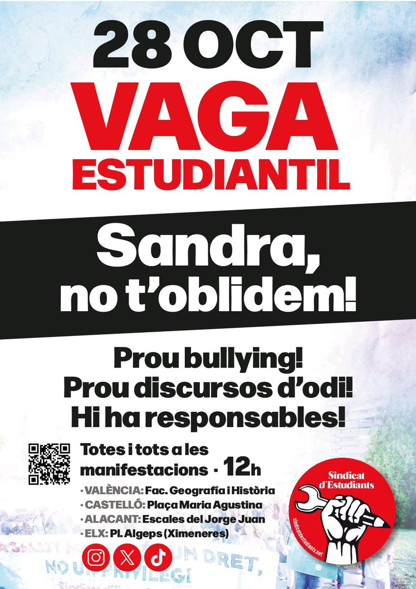 ⚠️Nova manifestació a Elx!!

Sandra, no t’oblidarem! Prou ja de BULLYING i de DISCURSOS D’ODI. Hi ha responsables!

💥VAGA ESTUDIANTIL el dimarts 28 d’octubre i MANIFESTACIONS en totes les ciutats.