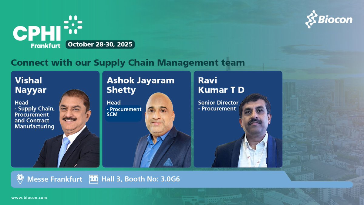 Connect with Our #SupplyChainManagement team at #CPHIFrankfurt!
 
Gain insights into the resilience of #Biocon’s supply chain and the key factors that ensure continuity in our operations. Please join us at booth number 3.0G6.
 
To book a meeting, write to us at:
For API: