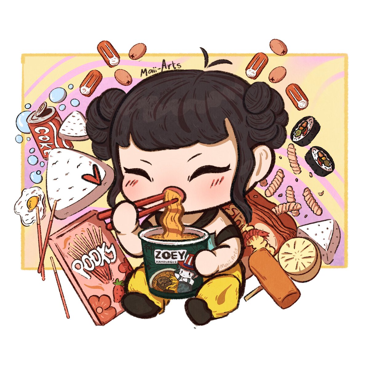Sorry I'm late but let me bless your eyes with Chibi Zoey from KPOP DEMON  HUNTERS eating ramen 🍜⋆˚࿔. ⊹ ࣪ ˖ Commissions are still open ! 𐔌՞. .՞𐦯  #kpdhfanart #zoey #kpopdemonhunters #zoey, image size:1200x1200