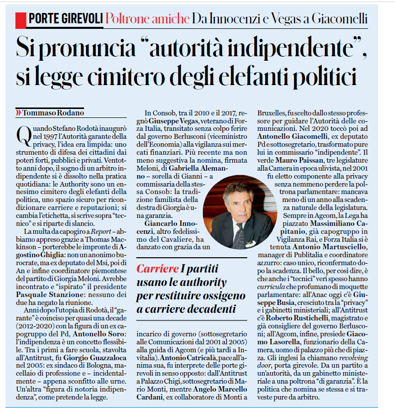 "La politica che nomina se stessa e si traveste pure da arbitro".
Tommaso Rodano sul Fatto Quotidiano
#Report 
#Reportrai3