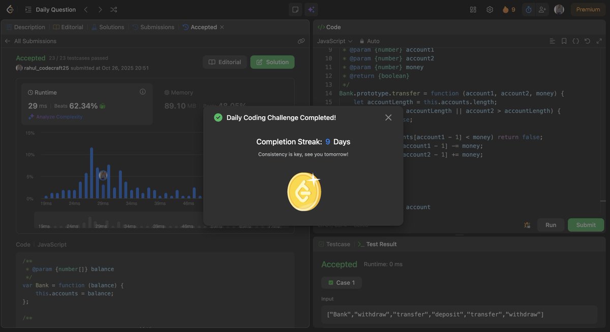 rahuls25398's tweet image. Day 98/100 of #100DaysOfCode 💻
LeetCode POTD: Simple Bank System 💳
Just 2 days left — and it’s all about finishing strong.
Consistency > Motivation 🔥
#LeetCode #CodingChallenge #DevLife