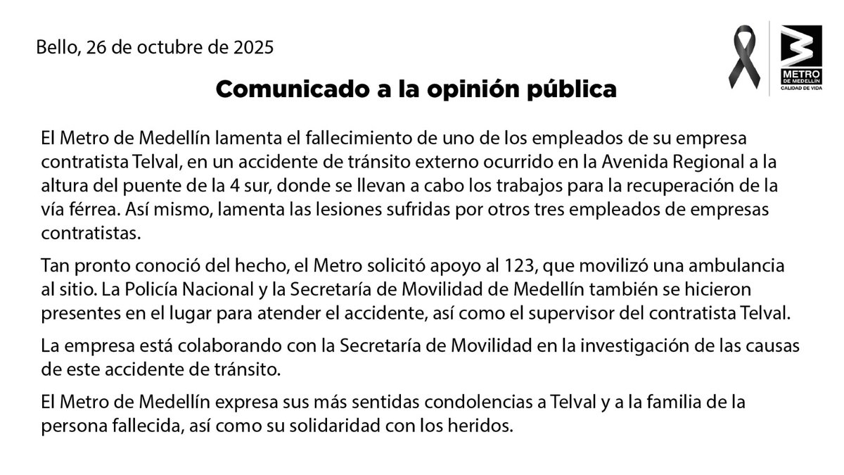 Nos solidarizamos con las familias y compañeros de nuestras empresas contratistas. 🙏