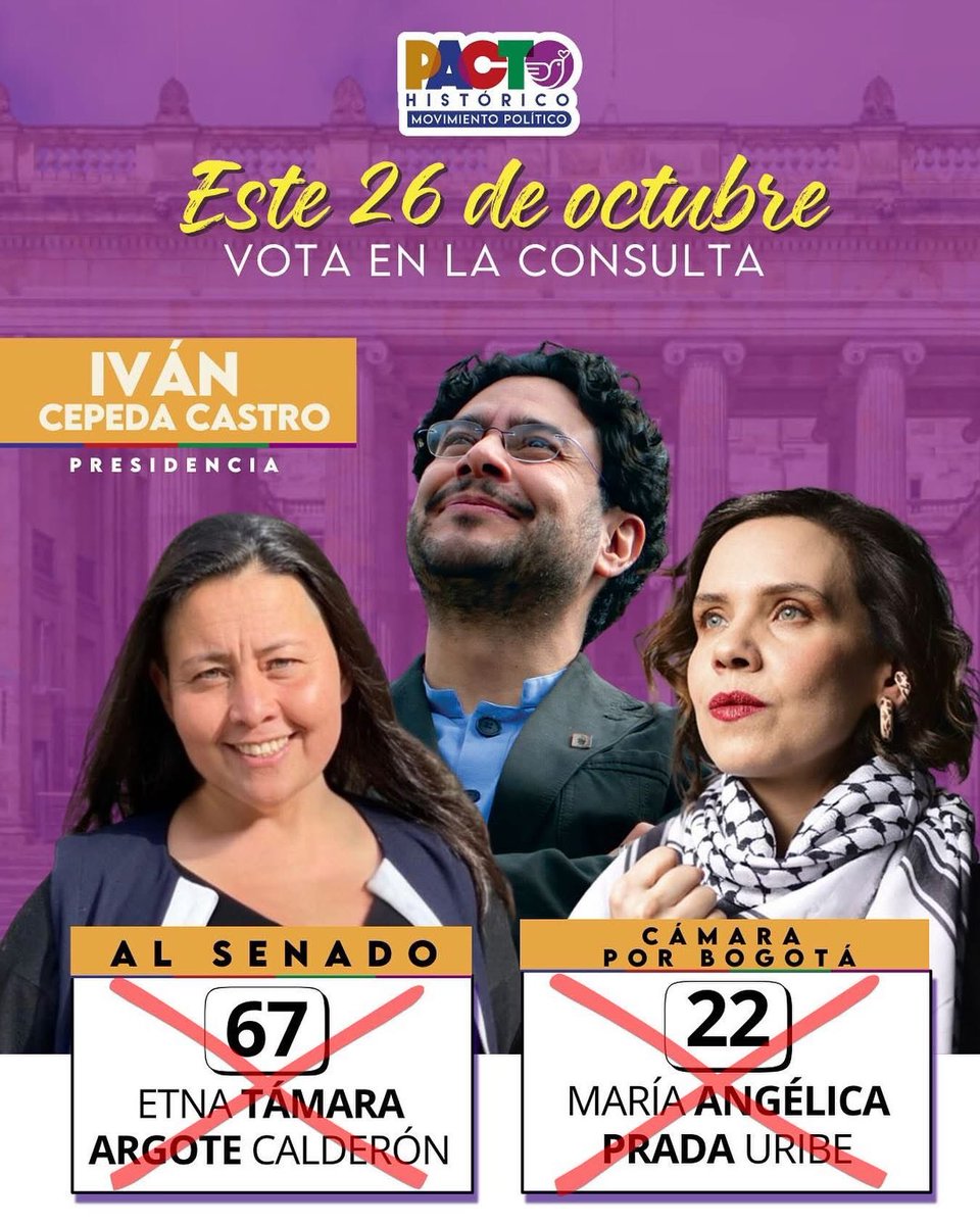 lilispupa's tweet photo. 📣 Hoy, 26 de octubre, los invito a acercarse a sus puestos de votación habituales y, en la consulta del Pacto Histórico, votar por @tamaraargote @Mariaa_Prada @IvanCepedaCast 
¡Porque la lucha sigue! 💪✊ https://t.co/ke6UhE6cKE