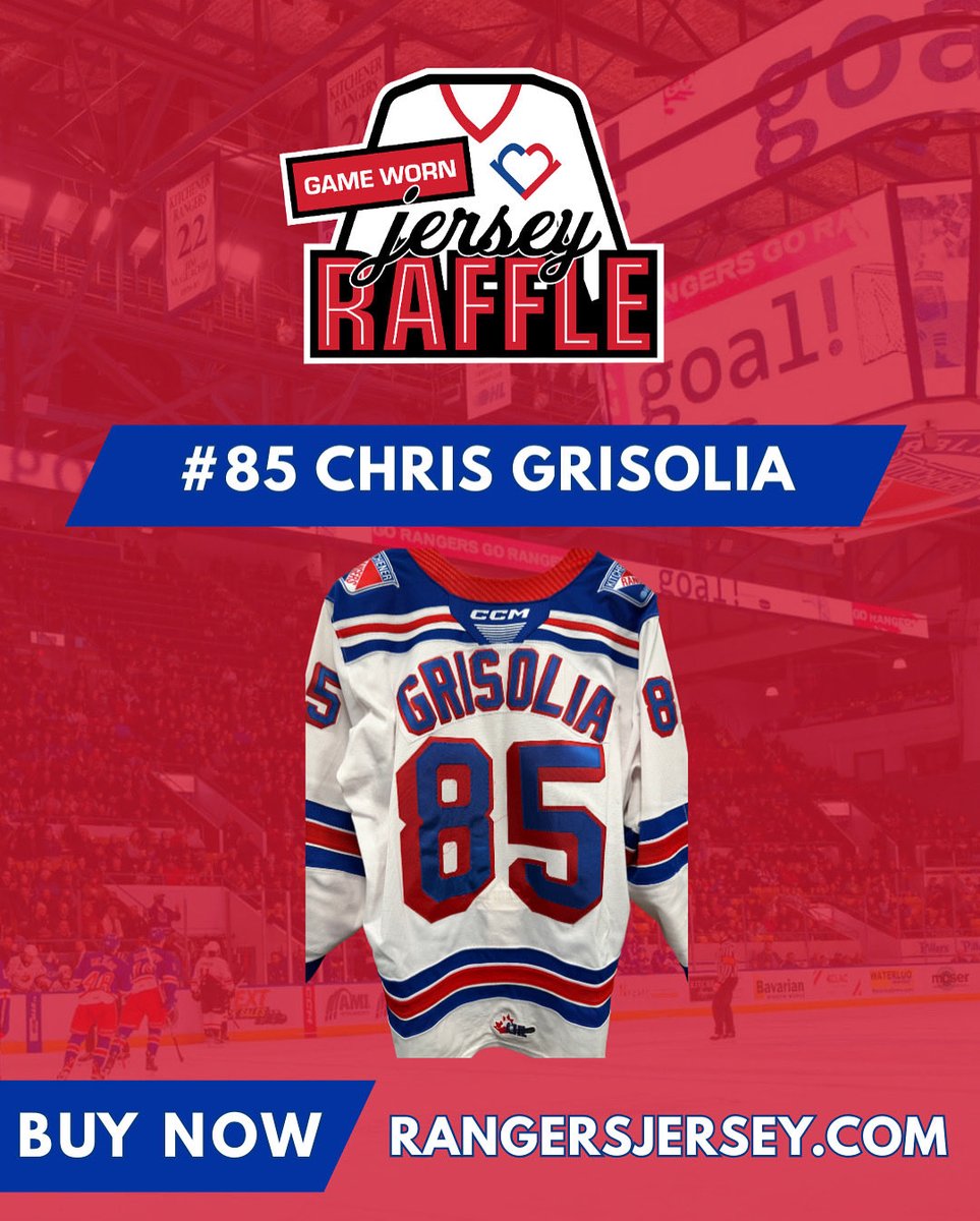 Jersey Raffle Tickets are on sale now! 

Featured: #85 Chris Grisolia  

Buy online now or tonight at the <a href="/OHLRangers/">Kitchener Rangers</a> game! 

Plus a Special Issue Rangers Jersey is featured as our consolation prize! 

🎟️  RangersJersey.com