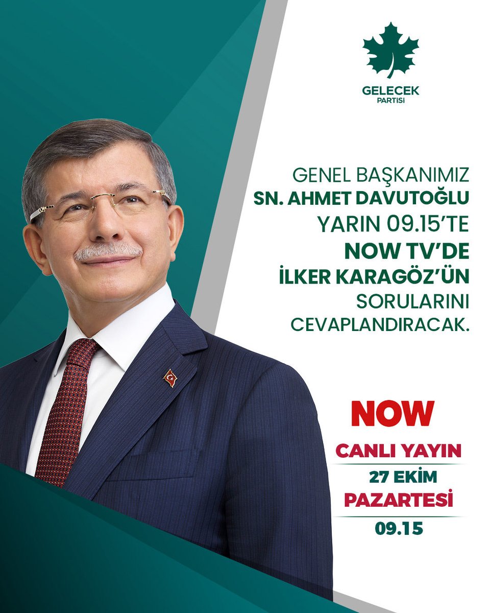 Genel Başkanımız Sayın Ahmet Davutoğlu, İlker Karagöz’ün konuğu oluyor.

🗓️27 Ekim Pazartesi (Yarın)
⏰09.15
📡NOW TV