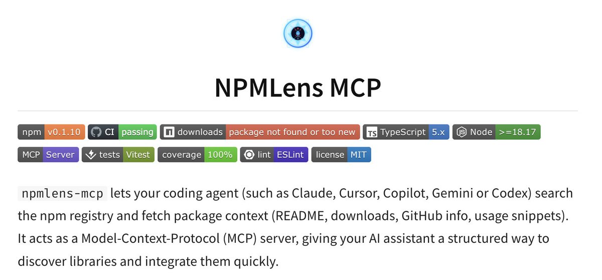 SublimeCoderX's tweet image. late night coding, drowning in npm tabs, hunting for the perfect package. sound familiar?
I built NPMLens MCP to fix that mess.
it’s an mcp server that lets your AI (claude, codex etc.) search npm, grab readme-s, downloads, github stats, and code snippets fast.
unlike basic…
