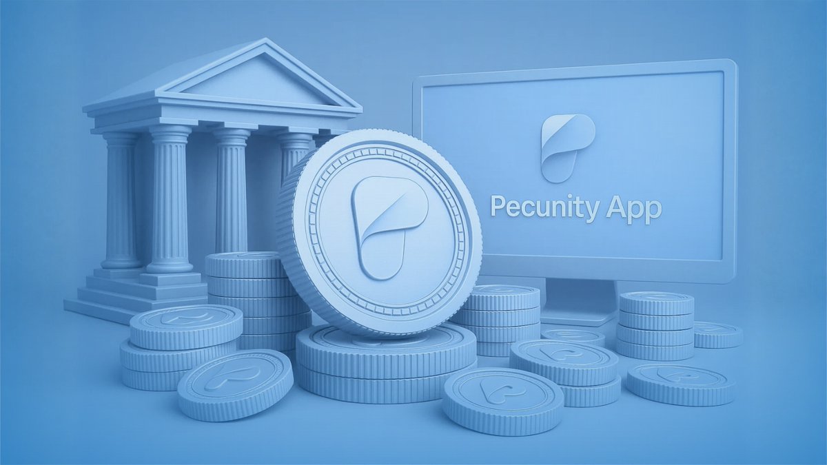 Pecunity 应用插图，展示硬币和银行建筑