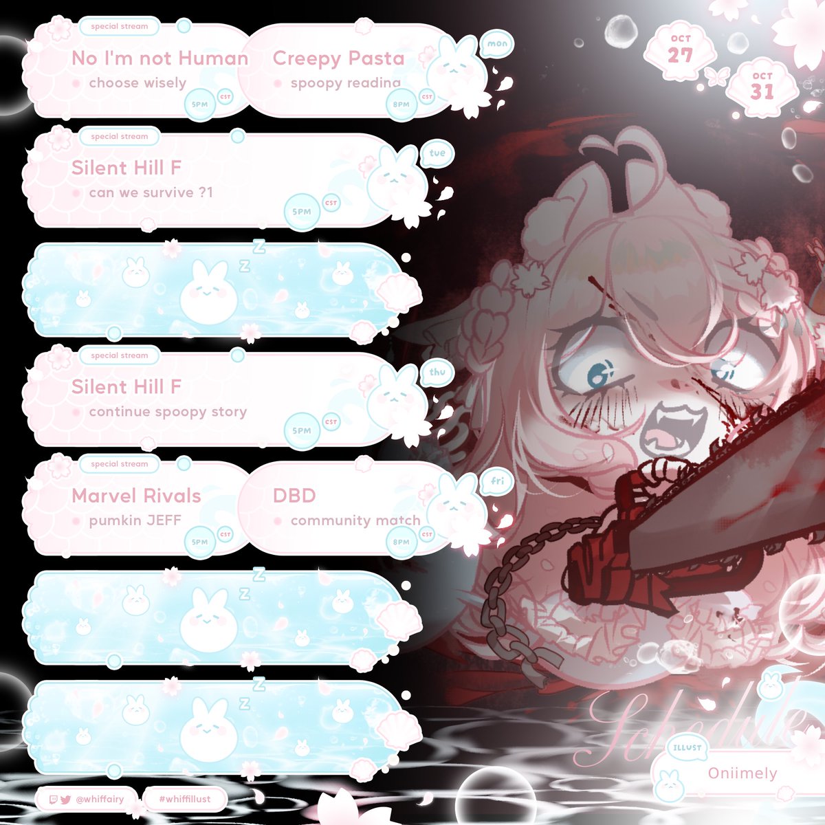 ੈ‧₊˚ 🎃♡ October 27th - October 31st Schedule ੈ‧₊˚ 🎃♡

SPOOPATHON ε=ε=(っ*´□`)っ officially will begin tm bubble bunnies so here’s our schedule !! there will be new redeemies + decorations + WHOLE SPOOKY THEME for the week !!

starts at 5 PM CST 🫧🌸🕯️