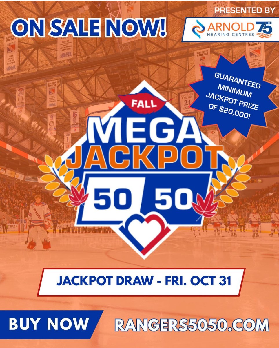 The FALL MEGA JACKPOT is now live!! 

Grab your 50/50 tickets now at Rangers5050.com ! 

Two early bird prizes will be drawn during the third period of <a href="/OHLRangers/">Kitchener Rangers</a> game tonight! 

Presented by: <a href="/ArnoldHearing/">Arnold Hearing Centres</a>
