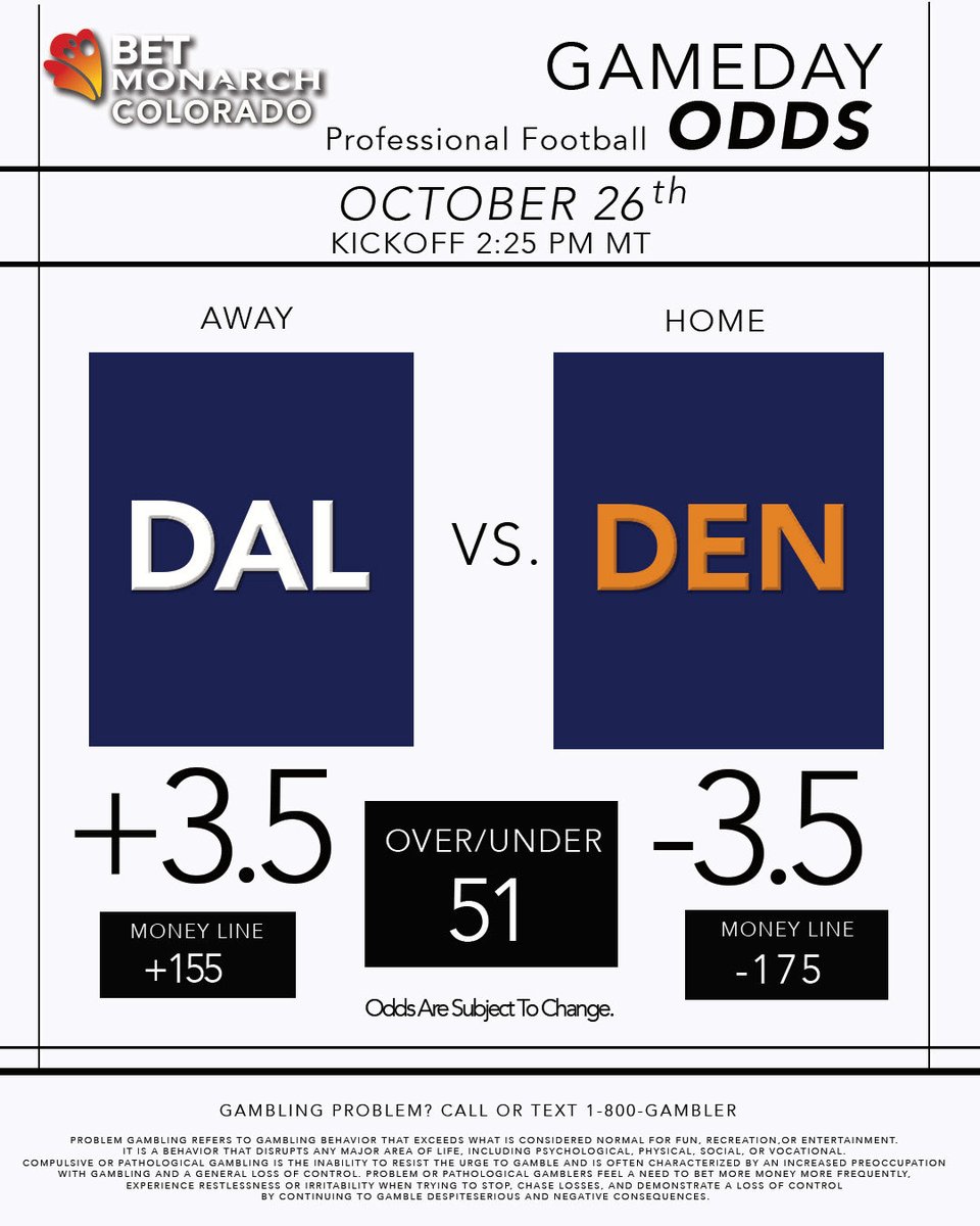 We’re calling it: Denver to defeat Dallas today. Via Bet Monarch - Colorado

📲GAMBLING PROBLEM? CALL OR TEXT 1-800-GAMBLER
