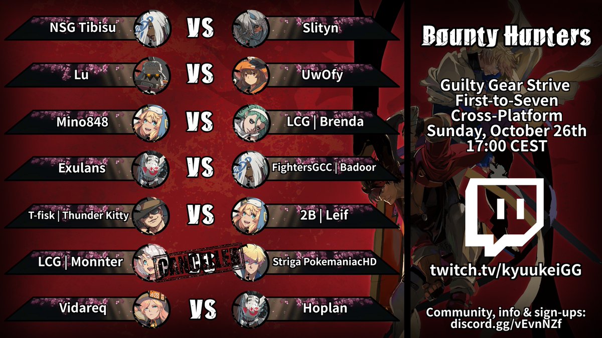 kyuukei's tweet image. The weekly run of GGST show-matches is about to kick off on Bounty Hunters, starting at 5PM CET. Come check out the first-to-seven match-ups shown below!

See you @ twitch.tv/kyuukeiGG in 20 minutes!