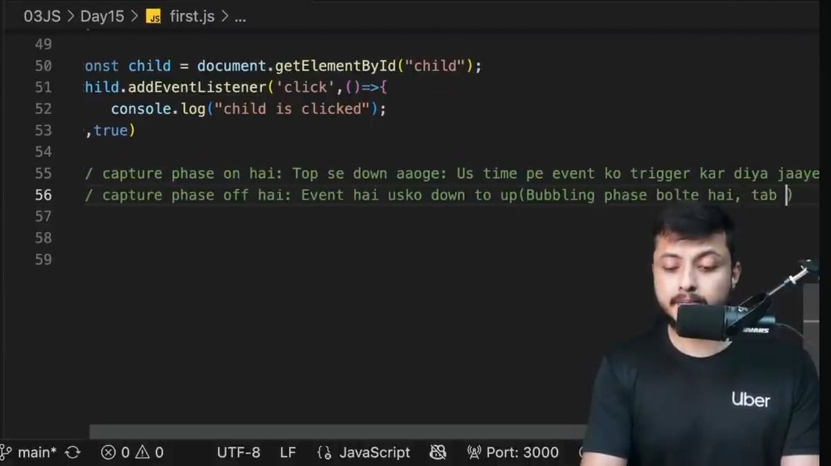 vkajal10's tweet image. Day 31             #BuildInPublic
📌Today's learnings:
🔹️Bubbling and capturing
1. Capturing phase
2. Target phase
3. Bubbling phase
Capture phase--> top to target
Bubbling phase--> target to top
#100DaysOfCode #CodingJourney #WebDevelopment #JavaScript