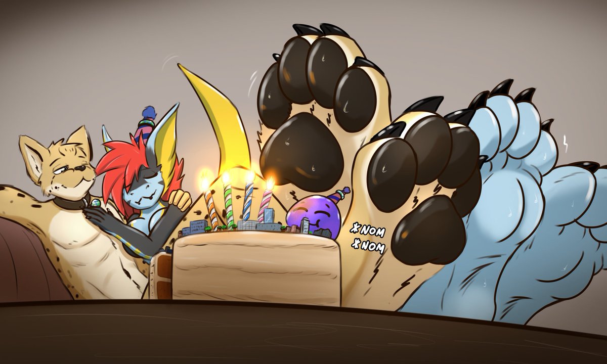 It was Cilenomon's BD some time ago, so I got them a gift piece- 

with cake! I'm sure the people don't mind getting nommed by a giant purple blob~ At least the view is great for them! 

Birthday piece for <a href="/Cilenomon/">Cilenomon</a>~!
P-reward from <a href="/DrunkArcher/">🔞DrunkArcher 🔜 SAFE2026</a>