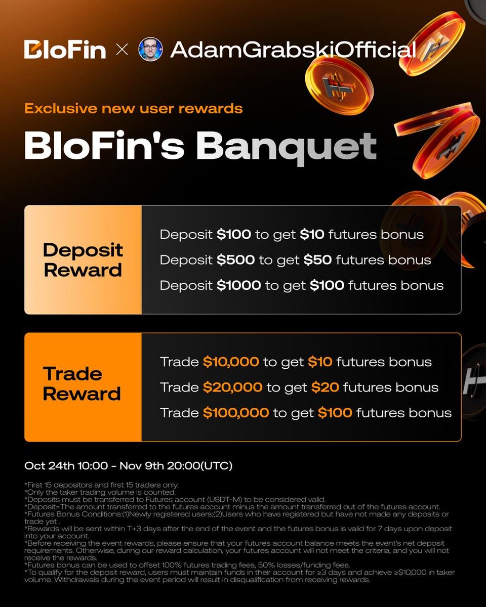 I’ve officially partnered with BloFin, one of the fastest-growing No-KYC exchanges! 🚀

You can earn up to $200 in bonuses for depositing and trading!

⚡️ Only the first 15 depositors and 15 traders qualify.
👉 partner.blofin.com/d/AdamGrabski