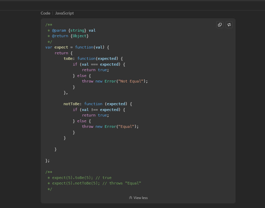 Mgregchi's tweet image. Day 3 challenge: To Be Or Not To Be
Write a function "expect" that helps developers test their code. It should take in any value "val" and return an object with the following two functions:
#30daysofjavascript #CodingChallenge #JavaScript #LeetCode