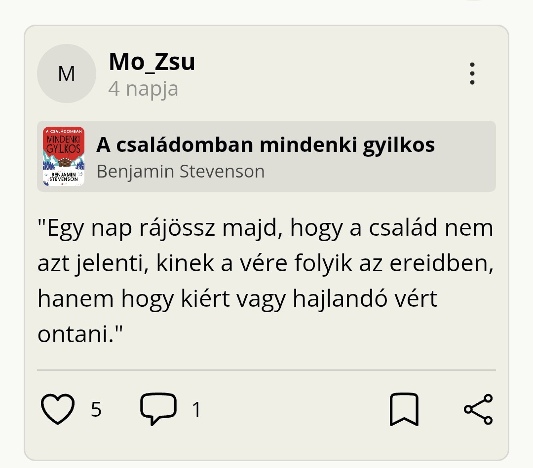 mo_zsu's tweet image. Tettem egy rövid kirándulást a krimi műfajában #nyomozós 🕵🔎
#BenjaminStevenson 📖
A családomban mindenki gyilkos 
#ebook 
End, jöhet a következő 📚

Új magyar könyves applikáció: #Bookstry