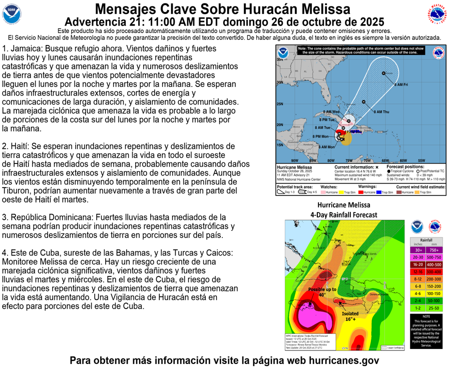 26 October 11AM EDT: Major Hurricane #Melissa is forecast to bring Life-threatening and Catastrophic flash flooding and landslides in portions of Jamaica and southern Hispaniola through mid-week. For the latest information visit hurricanes.gov