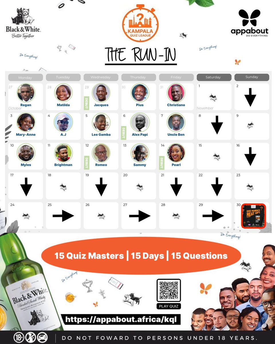 AppAboutAfrica's tweet image. 🦋THE RUN-IN🦋
The final stretch of the Kampala Quiz League’s Michaelmas Season is here. Have you made your mark yet?
Play and follow all the scores and drama for a thrilling finale via the links- 
Quiz Link:
appabt.at/KampalaQuizLea…
Awards Day:
appabt.at/QuizManiacsMea……