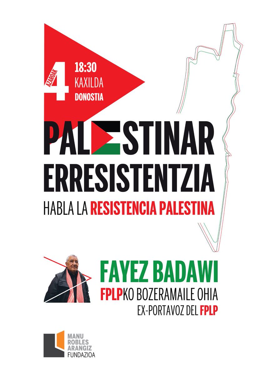 De la mano de <a href="/MRAFundazioa/">MRA Fundazioa (@MRAfundazioa@masdodon.eus)</a> (fundación de <a href="/ELASindikatua/">ELA Sindikatua</a>) FAYEZ BADAWI, una voz histórica de la resistencia palestina (FPLP), estará en Euskal Herria para explicar la realidad del pueblo palestino. 

4 de noviembre a las 18:30 en Kaxilda, Donostia.