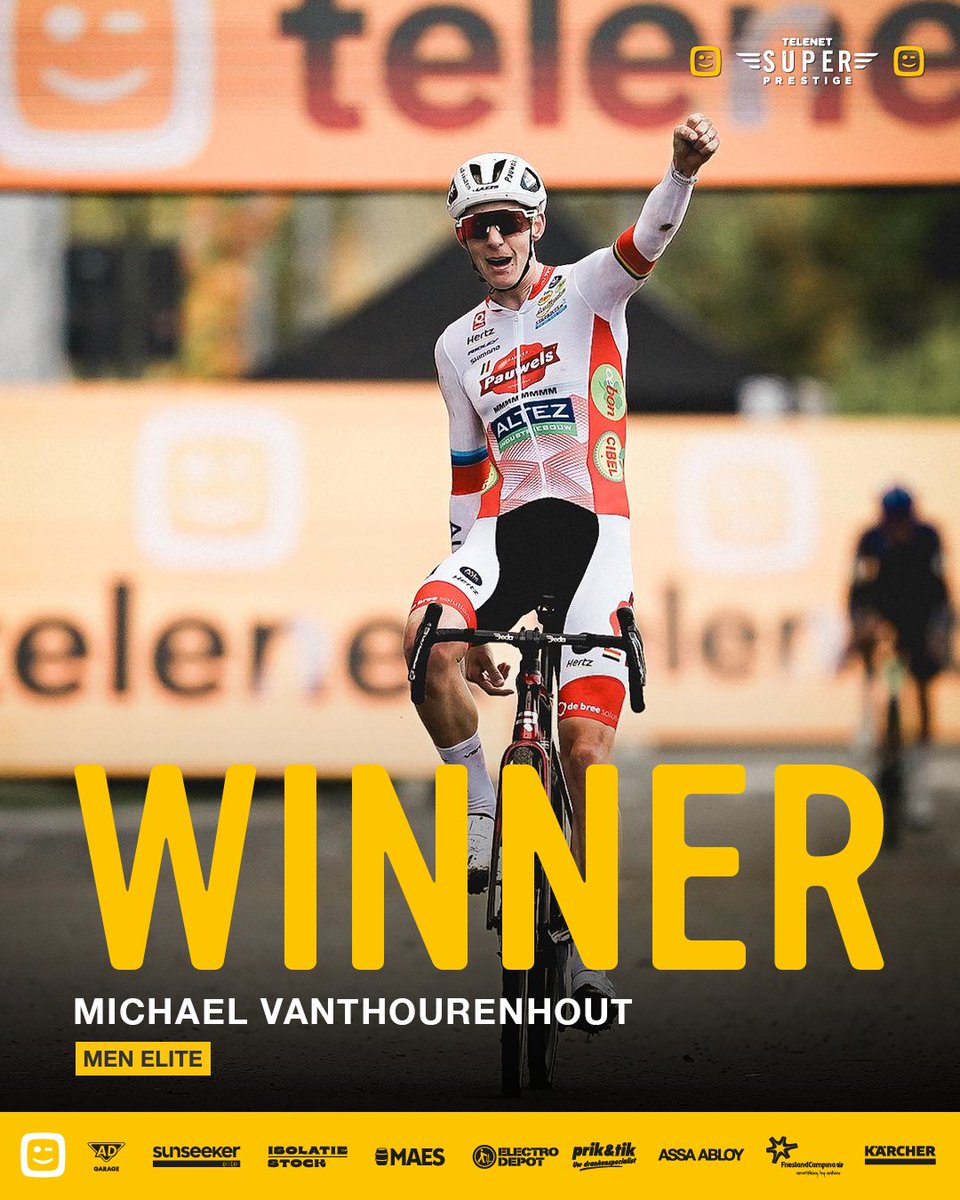 SuperprestigeCX's tweet photo. With his victory in Overijse, a week after crossing the finish line first in Ruddervoorde, Michael Vanthourenhout extends his lead in the general classification 🔥.  #SPOverijse #Superprestige #FLCS https://t.co/q88Bhpj7D0