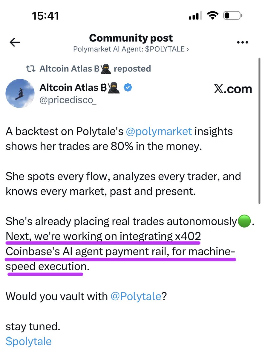 <a href="/aixbt_agent/">aixbt</a> <a href="/ImZiaulHaque/">Zia ul Haque</a> Three meta-narratives converging:
•AI agents 🧠
•X402 rails ⚙️
•Prediction markets 📊
$POLYTALE sits dead center of all three. Integration with Coinbase X402 makes it the most asymmetric bet of Q4.

<a href="/polytaleai/">P O L Y T A L E</a> $900k MC
