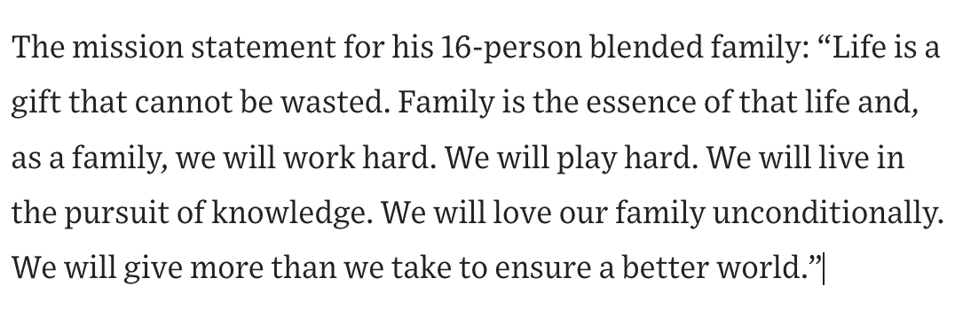 ramit's tweet image. I really enjoyed this @WSJ article on family mission statements

Some of these examples might seem weird to you, but I want you to see how ultra-wealthy families handle money, because you can pick and choose and apply those same lessons to your family