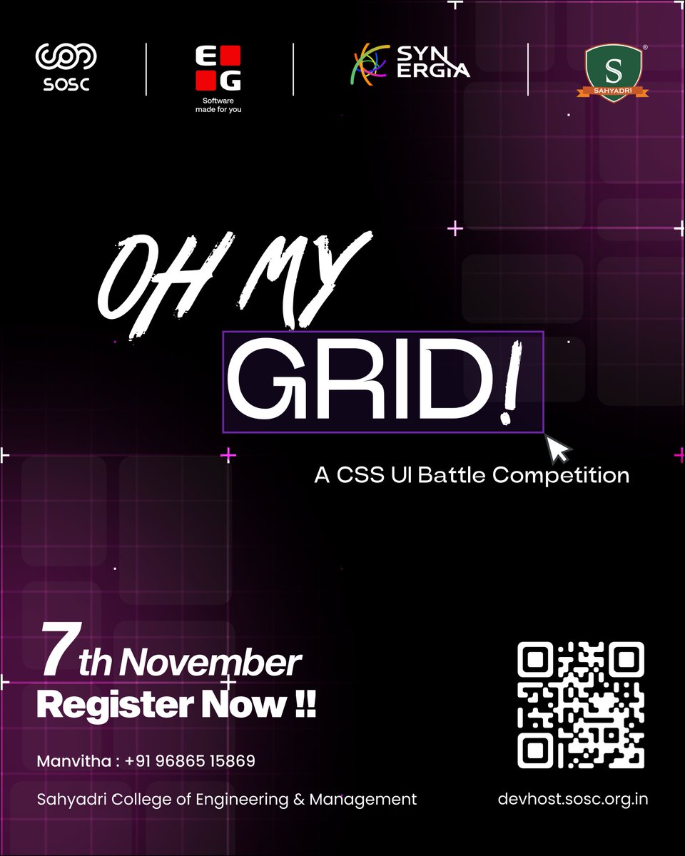 sosc_sahyadri's tweet image. 🎨 Untangle the CSS chaos at Oh My Grid! ⚡
Showcase your frontend magic @ #DevHost2025 — the ultimate CSS battle awaits!
💫
🔗 Scan the QR to register now.
#OhMyGrid #CSSBattle #FrontendFrenzy #EGxDevHost #sahyadri #SOSC