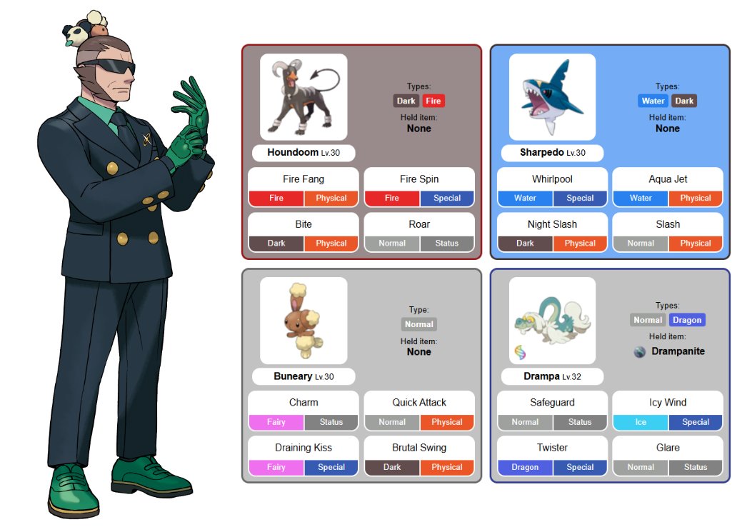 Bulbagarden's tweet image. Vinnie&apos;s team is the latest great example of conveying a character&apos;s personality through Pokémon.

Houndoom and Sharpedo lead to present a scary façade... before Buneary reveals Vinnie&apos;s softer spots and Drampa reflects his protective nature!