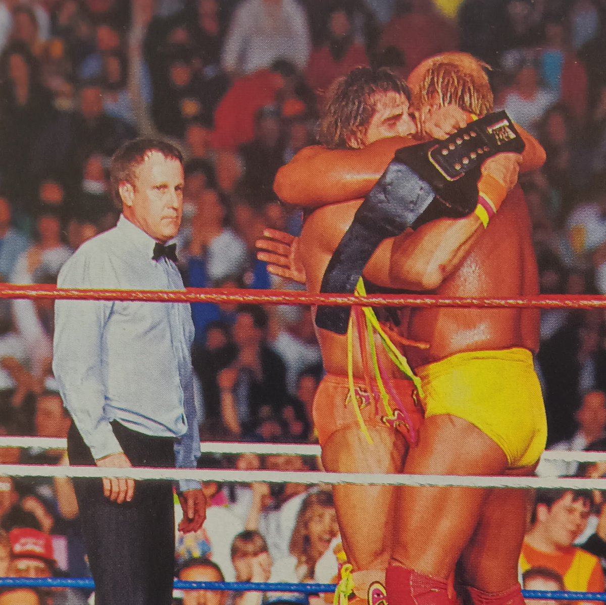 HulkRules4's tweet photo. Hulk passes the torch to The Warrior..(WrestleMania 6) #UltimateChallenge https://t.co/YUDCwAN487