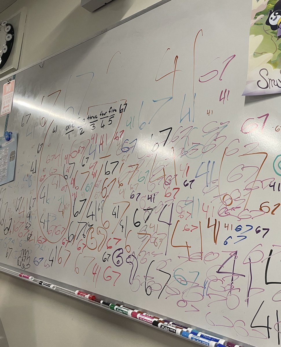 Came back to my classroom after they had indoor recess and I was at lunch. They made this beautiful 67/41 mural 😂😂💀 #teachertwitter #genalpha #sixseven #teachersofX
