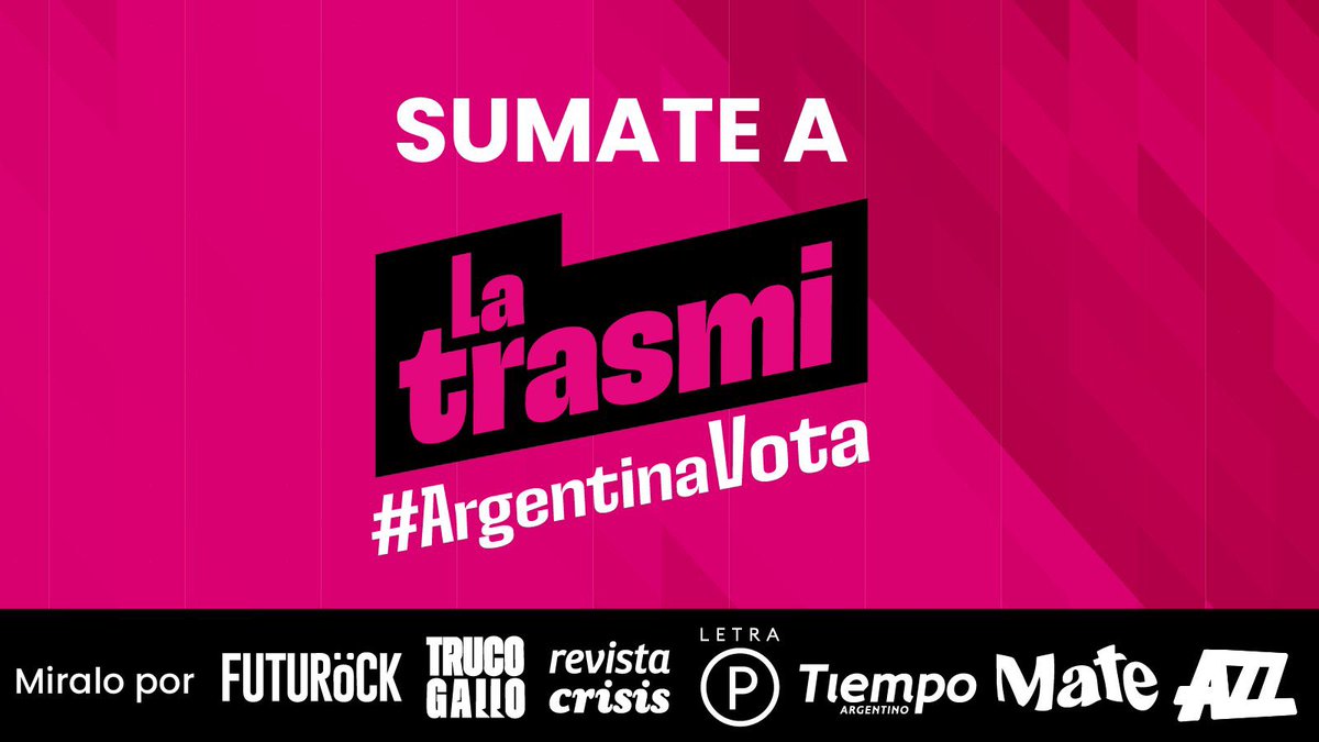 AZZ (@azzenstream) on Twitter photo Hoy #ArgentinaVota 🇦🇷 y nos juntamos en #LaTransmi para cubrir la elección 
🗳️ Con <a href="/futurockOk/">Futurock.fm</a>, <a href="/trucogallo/">Truco Gallo</a>, <a href="/CrisisRevista/">revista crisis</a>, <a href="/tiempoarg/">Tiempo Argentino</a>, <a href="/somosmatear/">MATE</a> y <a href="/Letra_P/">LETRA P</a> 
▶️ Desde las 17hs en youtube.com/@somosazz Hoy #ArgentinaVota 🇦🇷 y nos juntamos en #LaTransmi para cubrir la elección 
🗳️ Con <a href="/futurockOk/">Futurock.fm</a>, <a href="/trucogallo/">Truco Gallo</a>, <a href="/CrisisRevista/">revista crisis</a>, <a href="/tiempoarg/">Tiempo Argentino</a>, <a href="/somosmatear/">MATE</a> y <a href="/Letra_P/">LETRA P</a> 
▶️ Desde las 17hs en youtube.com/@somosazz