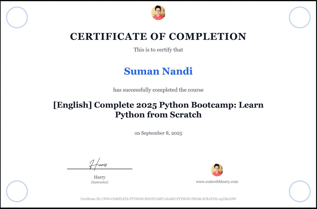 SumanNandi1000's tweet image. Ready for more coding adventures! 🐍
 @codewithharry   #PythonDeveloper #LearningJourney