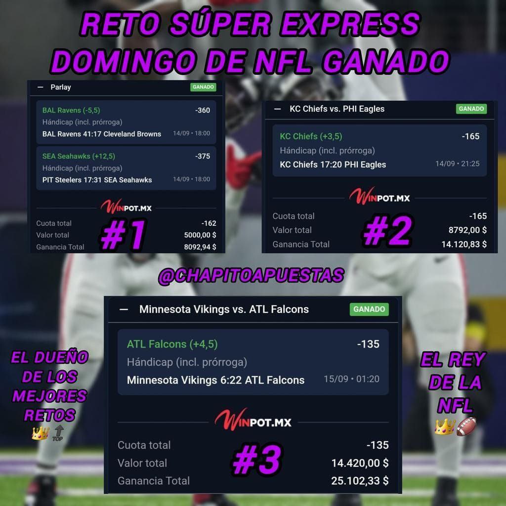ChapitoApuestas's tweet photo. 🚨| RETO SÚPER EXPRESS DOMINGO NFL 🔝🏈

Chingones el día de hoy, voy por otro RETO SÚPER EXPRESS DOMINGO NFL ❤️🏈 !!

Lo que hacemos cada Domingo es ÚNICO y BRUTAL, ya lo saben 🔥 !!!

Lo compartiré GRATIS si veo 600 interacciones 🗨🔄❤️ !!! https://t.co/rQAA0Ca1Xn