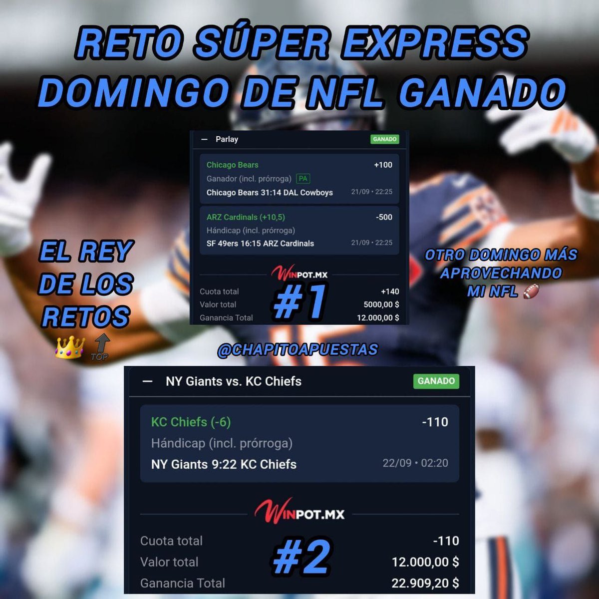 🚨| RETO SÚPER EXPRESS DOMINGO NFL 🔝🏈

Chingones el día de hoy, voy por otro RETO SÚPER EXPRESS DOMINGO NFL ❤️🏈 !!

Lo que hacemos cada Domingo es ÚNICO y BRUTAL, ya lo saben 🔥 !!!

Lo compartiré GRATIS si veo 600 interacciones 🗨🔄❤️ !!!