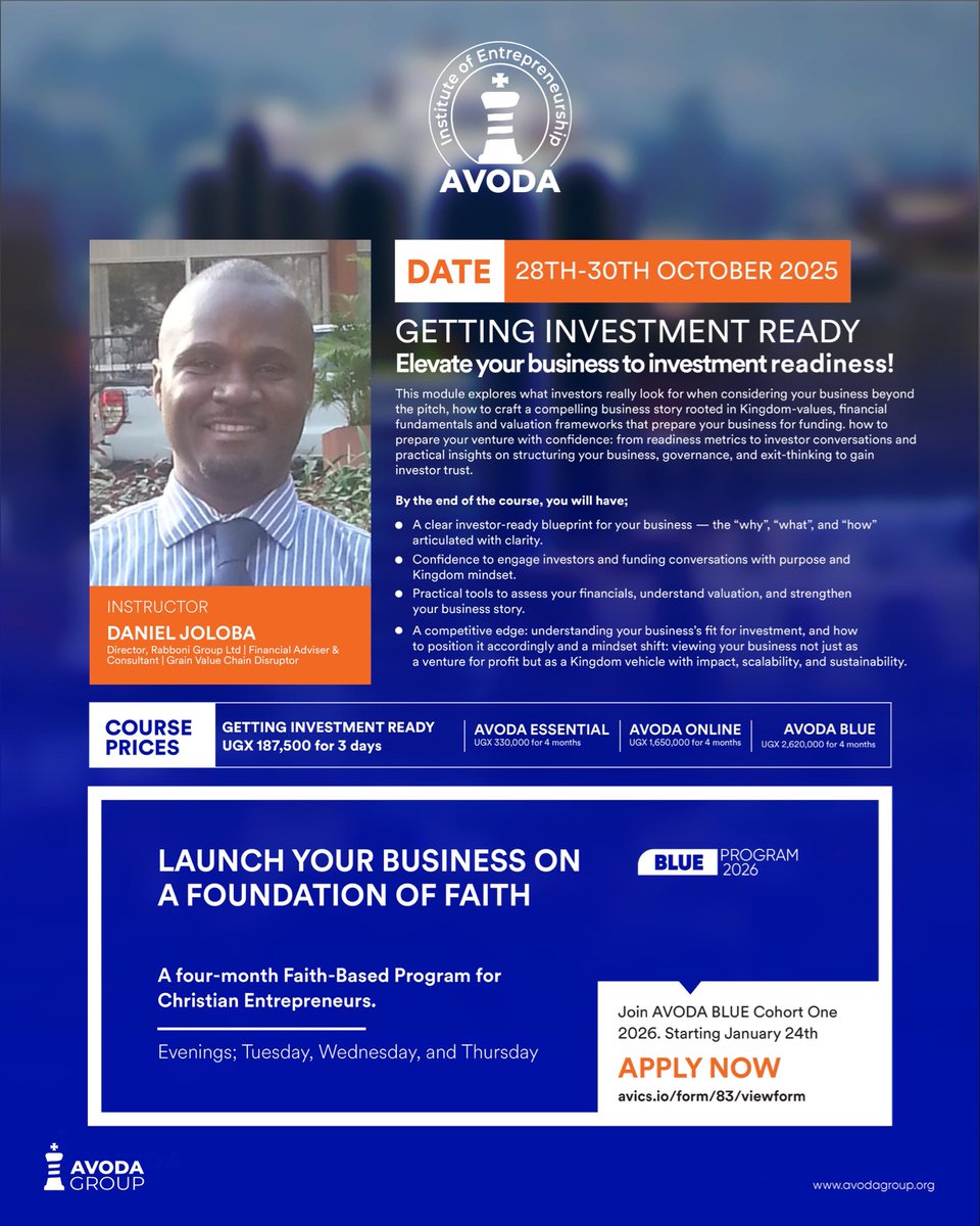 Are you ready to take your business from potential to performance — and attract the right kind of investors? 

Join us for Getting Investment Ready, a power-packed module led by Daniel Joloba, Director at Rabboni Group Ltd, Financial Adviser &amp; Consultant, and an experienced