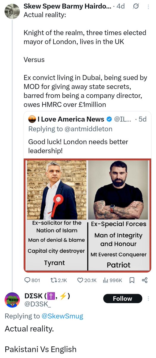 I would say "can someone ask <a href="/D3SK_/">DΣSK (✝️, ⚡)</a> why they blocked me before I could reply to their claim that reality is "Sadiq Khan who is a Pakistani versus Ant Middleton who is English", but I already know it's because they're a snowflake thick as fuck racist throbber.