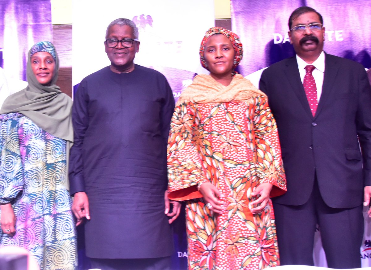 DangoteGroup's tweet photo. From left: Chairman, FBN Holdings Plc, Femi Otedola; Executive Director, Operations, Dangote Sugar Refinery Plc, Mariya Aliko Dangote; President/CE, Dangote Industries Limited Aliko Dangote; Group Executive Director, Commercial Operations, Dangote Industries Limited, Fatima Aliko Dangote; Vice President, Oil & Gas, Dangote Industries Limited, Devakumar Edwin; at the World Press Conference on the expansion of Dangote Petroleum Refinery and Petrochemicals from 650,000bpd to 1.4mbpd in Lagos on Sunday, October 26, 2025.