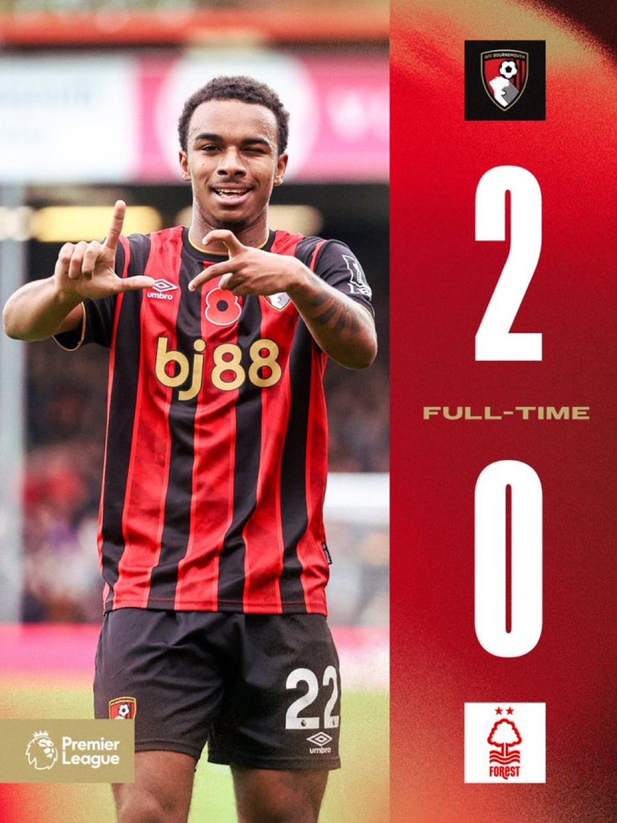 GazzaAdams's tweet photo. They really must hate us! Theyโve done it again, yet another win over Forest! Another 3pts has us back in second place in the Premier league. #afcb 2-0 #Forest #BOUFOR ๐๐๐ https://t.co/P2fcRnvEsB