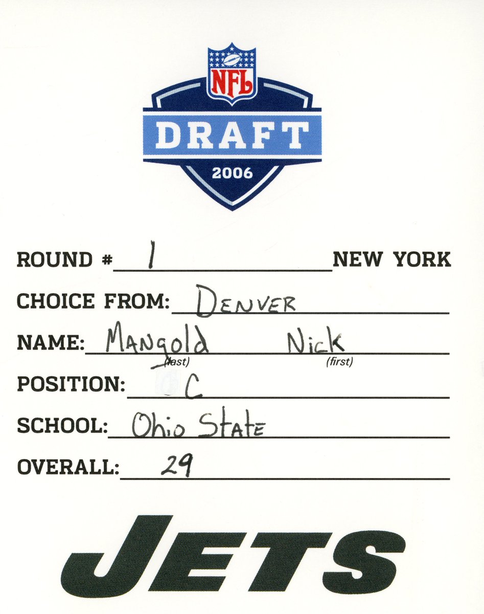 PFHOFAmbassador's tweet photo. NICK MANGOLD, @nyjets C -
Celebrating the life of Nick Mangold, below is his original draft card kept at @ProFootballHOF. #JetUp #Jets #newyorkjets #NickMangold #NYJets #NYJvsCIN #GangGreen #ohiostatebuckeyes #NFL #NFLNews #NFLTwitter #NFLDraft #BuckeyeNation #BuckeyePride