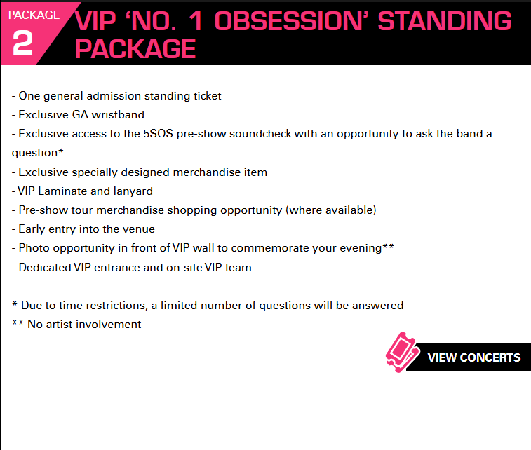 TeamNL5SOS's tweet photo. VIP Nation EU heeft de informatie over de drie VIP packages (ook voor de show van 5SOS in Amsterdam) online geplaatst op hun website.

De prijzen zouden volgens Tickethelper zijn:
- VIP 1: €341.09
- VIP 2: €219.62
- VIP 3: €230.82
Deze prijzen zijn niet officieel bevestigd! https://t.co/5ry44S0fNT