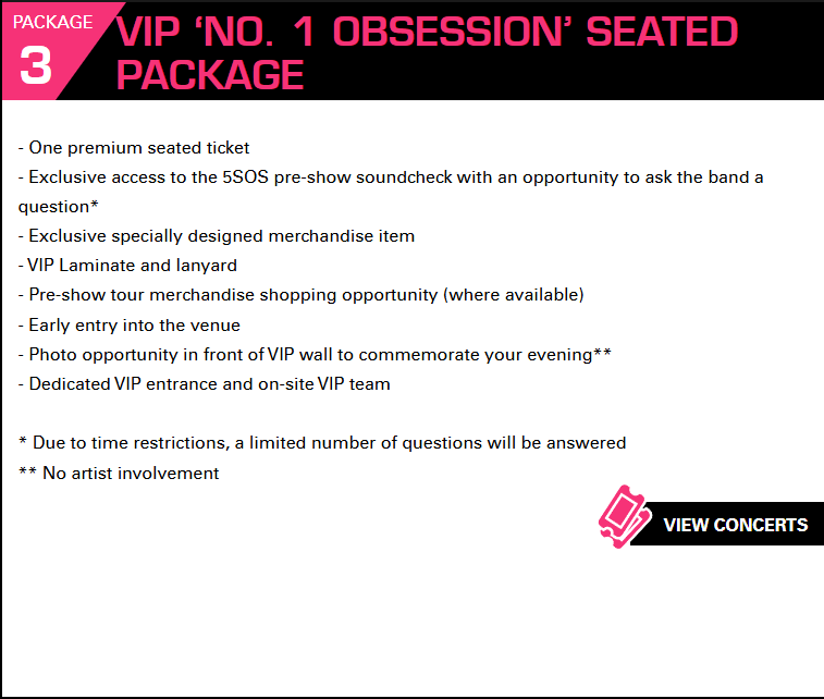 TeamNL5SOS's tweet photo. VIP Nation EU heeft de informatie over de drie VIP packages (ook voor de show van 5SOS in Amsterdam) online geplaatst op hun website.

De prijzen zouden volgens Tickethelper zijn:
- VIP 1: €341.09
- VIP 2: €219.62
- VIP 3: €230.82
Deze prijzen zijn niet officieel bevestigd! https://t.co/5ry44S0fNT