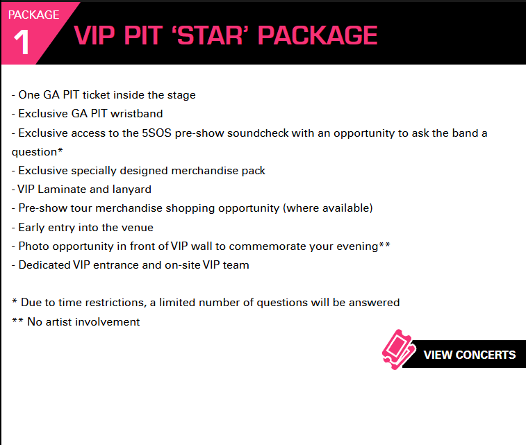 TeamNL5SOS's tweet photo. VIP Nation EU heeft de informatie over de drie VIP packages (ook voor de show van 5SOS in Amsterdam) online geplaatst op hun website.

De prijzen zouden volgens Tickethelper zijn:
- VIP 1: €341.09
- VIP 2: €219.62
- VIP 3: €230.82
Deze prijzen zijn niet officieel bevestigd! https://t.co/5ry44S0fNT