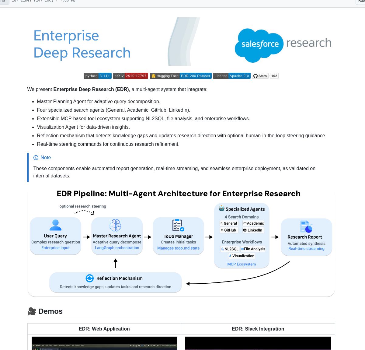 LangChainAI's tweet image. 🔍🤖 Enterprise Deep Research
A multi-agent system leveraging LangGraph to power enterprise research automation. Features real-time streaming, human-guided steering, and flexible deployment through web and Slack interfaces.
Explore EDR on GitHub 📚
github.com/SalesforceAIRe…