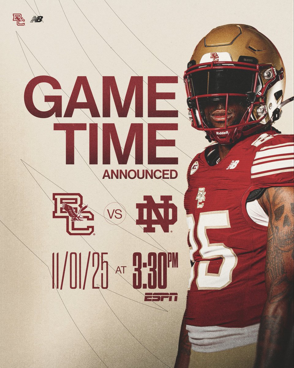 BCFootball's tweet photo. 🚨Game time announcement

🆚 Notre Dame 
🏟️ Alumni Stadium
🕰️ Saturday, Nov. 1 | 3:30 pm EST
📺 ESPN https://t.co/l8z2SXRTtn