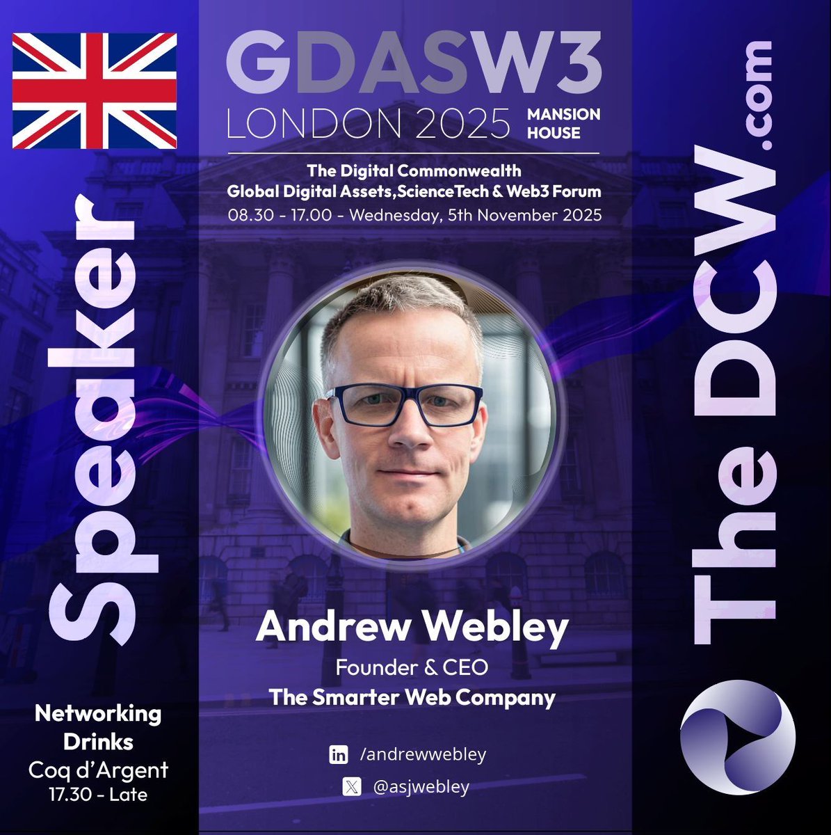 On Wednesday 5 November 2025 I will be in London speaking at the Global Digital Assets Forum.

<a href="/TheDCW_JB/">James Bowater | The Digital Commonwealth 🎈</a> has kindly given me a few tickets for The Smarter Web Company shareholders who wish to attend (AQUIS: #SWC | OTCQB: $TSWCF | FRA: $3M8).

Please check the comments for how to