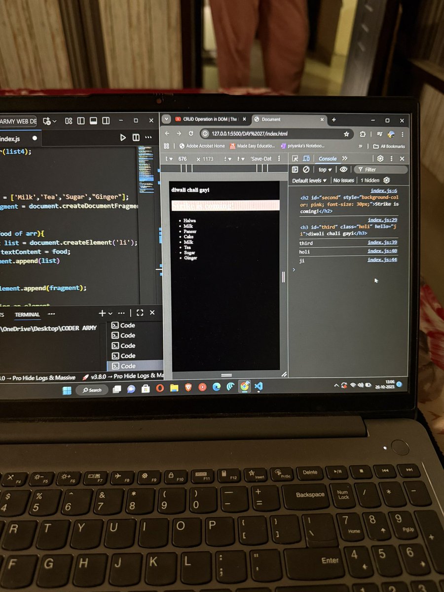 codewithpri's tweet image. Day 28 and 29 of WEB DEVELOPMENT ✅

Cleared my backlog of DOM in JS :

Learnt about the DOM, its basics, and how to perform CRUD operations using it.

Feeling like I’m finally starting to understand how everything connects  🫡🫡

@rohit_negi9