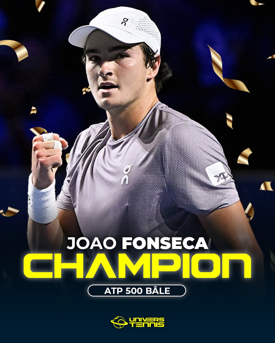 UniversTennis's tweet photo. FONSECA CHAMPION À BÂLE 👑

Joao Fonseca domine Alejandro Davidovich Fokina (6-3, 6-4) et décroche le deuxième et plus grand titre de sa carrière. 🔥🇧🇷

À 19 ans, il devient le troisième plus jeune champion en ATP 500 et assure son entrée dans le TOP 30 à la 28e place. 💎